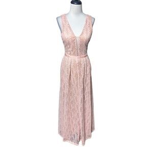 Lucy Wang Sleeveless Blush Lace Prom Bridal Maxi Dress Plunging Neckline Size 2